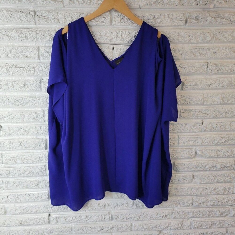 Worthington 1X Womens Blue V-Neck Blouse Short Sleeve Sheer Flowy BLU24E